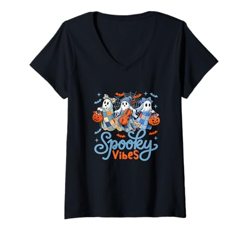 Damen Spooky Funny Vibes Halloween Three Cute Boos Playing Cello T-Shirt mit V-Ausschnitt von Musical, Musician Halloween Costume