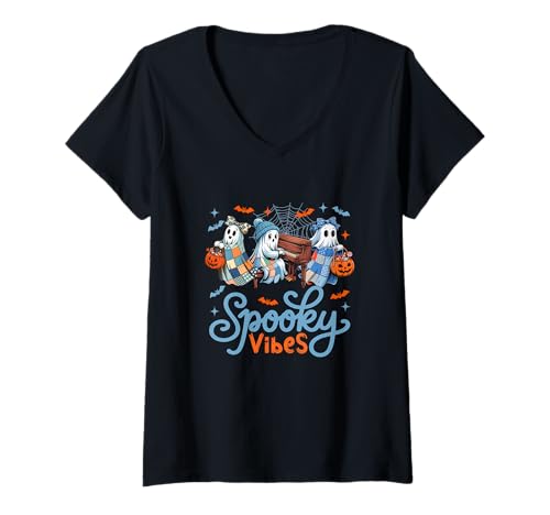 Damen Spooky Funny Vibes Halloween Three Cute Boos Playing Piano T-Shirt mit V-Ausschnitt Damen Spooky Funny Vibes Halloween Three Cute Boos Playing Piano T-Shirt mit V-Ausschnitt von Musical, Musician Halloween Costume