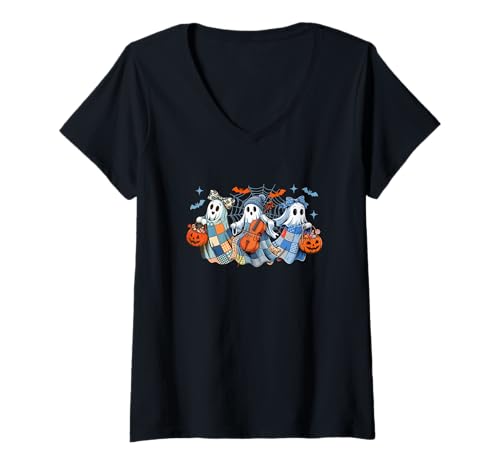 Damen Three Colorful Boo Bow Tie Playing Cello Halloween Musical T-Shirt mit V-Ausschnitt Damen Three Colorful Boo Bow Tie Playing Cello Halloween Musical T-Shirt mit V-Ausschnitt von Musical, Musician Halloween Costume