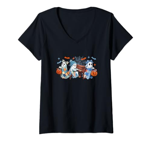 Damen Three Colorful Boo Bow Tie Playing Piano Halloween Musical T-Shirt mit V-Ausschnitt von Musical, Musician Halloween Costume