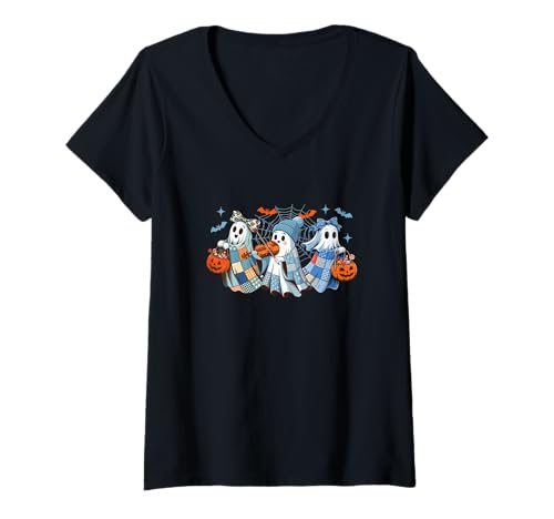 Damen Three Colorful Boo Bow Tie Playing Violin Halloween Musical T-Shirt mit V-Ausschnitt von Musical, Musician Halloween Costume