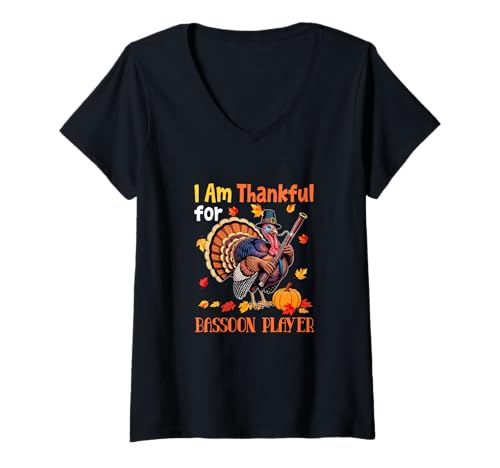 Damen Thankful for Bassoon Player Thanksgiving Turkey Pilgrim T-Shirt mit V-Ausschnitt Damen Thankful for Bassoon Player Thanksgiving Turkey Pilgrim T-Shirt mit V-Ausschnitt von Musical, Musician Thanksgiving Costume