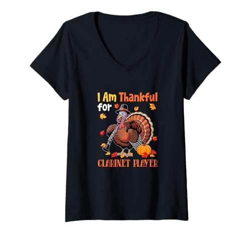 Damen Thankful for Clarinet Player Thanksgiving Turkey Pilgrim T-Shirt mit V-Ausschnitt Damen Thankful for Clarinet Player Thanksgiving Turkey Pilgrim T-Shirt mit V-Ausschnitt von Musical, Musician Thanksgiving Costume