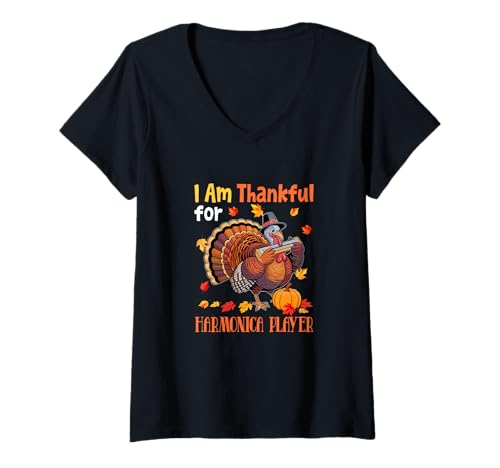 Damen Thankful for Harmonica Player Thanksgiving Turkey Pilgrim T-Shirt mit V-Ausschnitt Damen Thankful for Harmonica Player Thanksgiving Turkey Pilgrim T-Shirt mit V-Ausschnitt von Musical, Musician Thanksgiving Costume