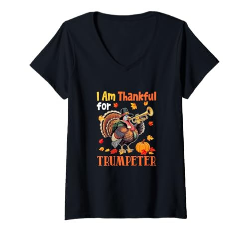Damen Thankful for Trumpeter Thanksgiving Turkey Pilgrim Musical T-Shirt mit V-Ausschnitt Damen Thankful for Trumpeter Thanksgiving Turkey Pilgrim Musical T-Shirt mit V-Ausschnitt von Musical, Musician Thanksgiving Costume