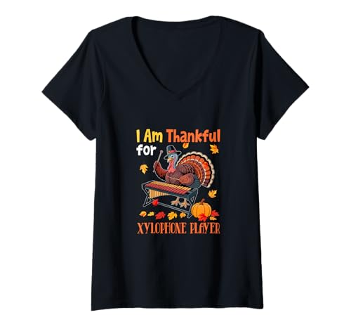 Damen Thankful for Xylophone Player Thanksgiving Turkey Pilgrim T-Shirt mit V-Ausschnitt Damen Thankful for Xylophone Player Thanksgiving Turkey Pilgrim T-Shirt mit V-Ausschnitt von Musical, Musician Thanksgiving Costume