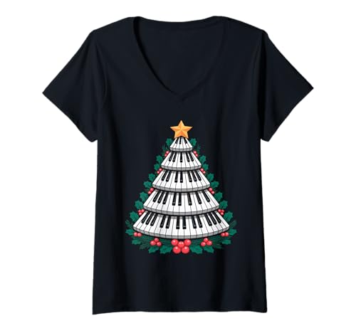 Damen Weihnachts-Klavier-Tastaturbaum, Musiker T-Shirt mit V-Ausschnitt Damen Weihnachts-Klavier-Tastaturbaum, Musiker T-Shirt mit V-Ausschnitt von Musical Holiday Apparel