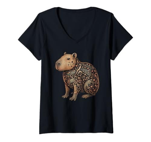 Damen Musical Notes Capybara Music Musician T-Shirt mit V-Ausschnitt Damen Musical Notes Capybara Music Musician T-Shirt mit V-Ausschnitt von Musical Notes Animal Lover Music Musician Apparel