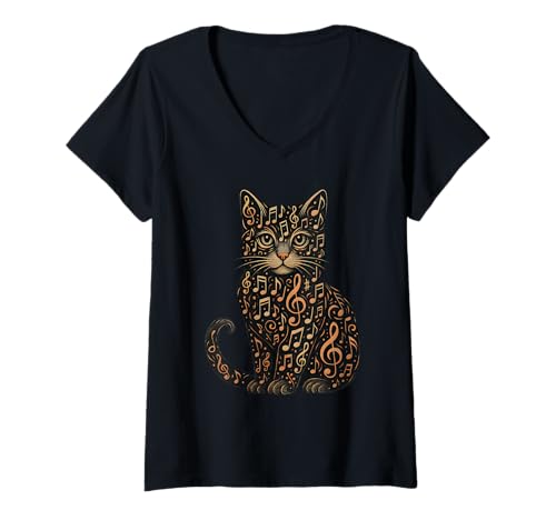 Damen Musical Notes Cat Music Musician T-Shirt mit V-Ausschnitt Damen Musical Notes Cat Music Musician T-Shirt mit V-Ausschnitt von Musical Notes Animal Lover Music Musician Apparel