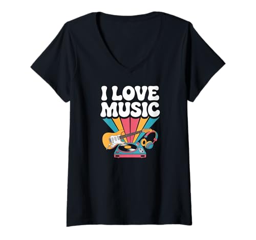 Damen Ich liebe Musik, Gitarre, Schallplatte, Vibes T-Shirt mit V-Ausschnitt Damen Ich liebe Musik, Gitarre, Schallplatte, Vibes T-Shirt mit V-Ausschnitt von Musical Passion Lovers Guitar Vinyl LP