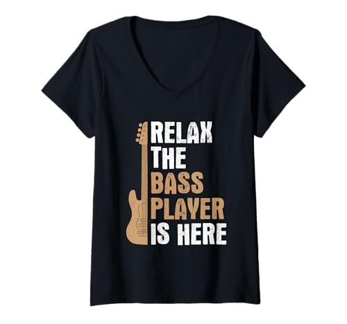 Damen Relax Bass Player is Here Musik Bass Gitarre Bassist T-Shirt mit V-Ausschnitt von Musician Bass Player