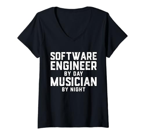 Damen Softwareingenieur bei Tag Musiker bei Nacht Ingenieurwesen T-Shirt mit V-Ausschnitt von Musician Gifts & Accessories