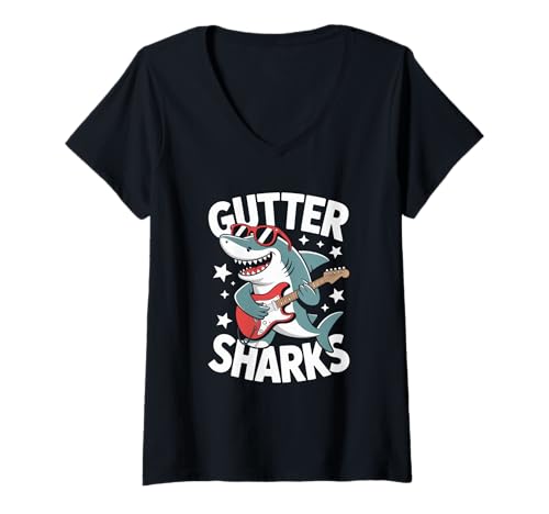Damen Humorvolle Dachrinnenhaie Musikliebhaber Hai Wortspiel Gag Damen Herren T-Shirt mit V-Ausschnitt von Musician Guitar Player Joke Ocean Fan Friends