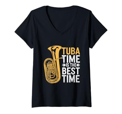 Damen Tuba Time Is The Best Time Musiker Tubaist Tubist Tuba T-Shirt mit V-Ausschnitt von Musician Tuba Player Gifts Music Tubist Sayings
