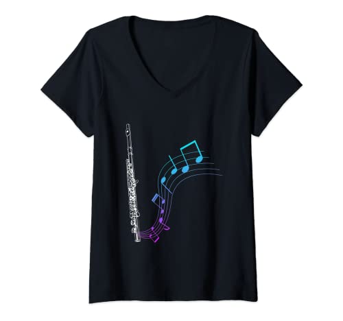 Damen Noten Notenblatt Querflöte T-Shirt mit V-Ausschnitt von Musician Woodwind Instrument Flute Player Teacher
