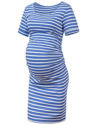 MUSIDORA Einfarbiges und florales Umstandskleid, gerüschte Seite, figurbetontes Kleid für Freizeitkleidung oder Babyparty, C9 Blau / Weiß gestreift, Mittel von Musidora