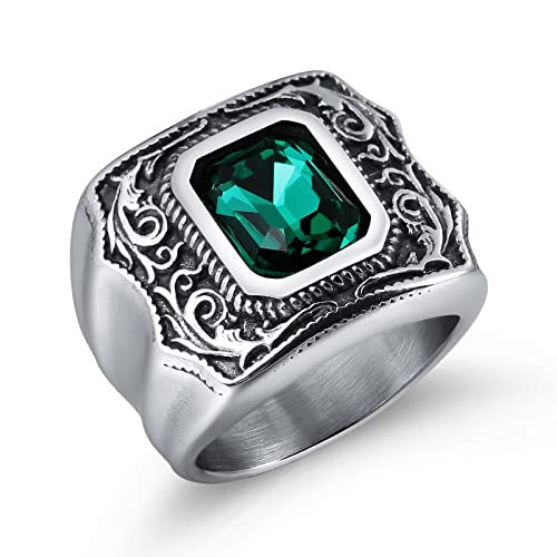 Herren Ring Edelstahl, Ring für Männer Filigraner Vintage Ring mit Grünem Zirkonia Ring Herren Zirkonia Größe 60 (19.1) von Musihy