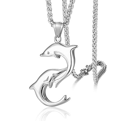 Musihy Anhänger Kette Edelstahl, Anhänger Kette Herrenkette Silber Zwei Delfine Länge 60CM Necklace Jewelry von Musihy
