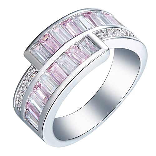 Musihy Damenring Ausgefallen, Ringe Zirkonia Damen Silber Ringe Baguette-Form mit Weißem und Rosafarbenem Zirkonia Verlobungsring Damen 62 von Musihy