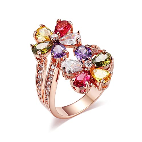 Musihy Verlobungsring Rosegold, Ring Bunt Ringe Damen Blumen mit Tropfenform und Runden Zirkon Ring Ring Größe 52 von Musihy