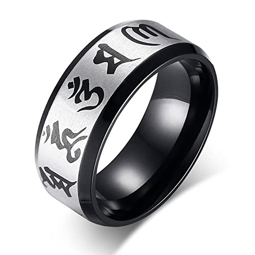 Musihy Männer Ringe Fashion, Knuckle Ring Ring Edelstahl Buddhistische Religion Om Mani Padme Hum Schwarz Silber Ringgröße 6 von Musihy