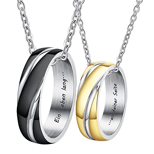 Musihy Pärchen Kette mit Gravur, Pärchen Halskette Silber Edelstahl mit Anhänger Ring 6MM Schwarz Streifen Ring Kette Herren 60 cm Damen 50 cm Geschenke von Musihy