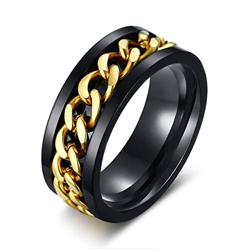 Musihy Ring Verlobung, Eboy Rings Ring Edelstahl Ringband mit Kette Schwarz Gold Ringgröße 9 von Musihy