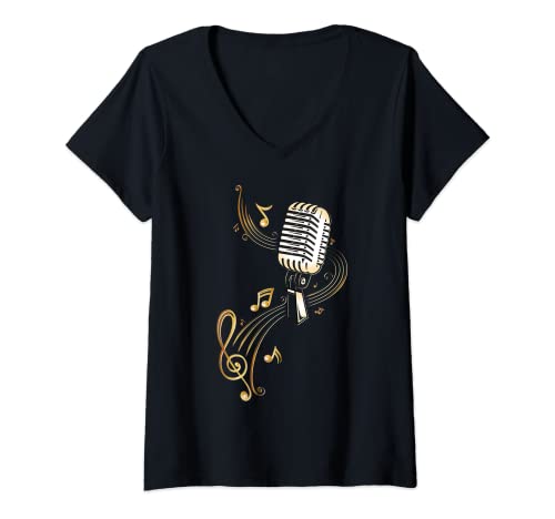Damen Retro Musik Mikrofon mit Musiknoten und Notenschlüssel T-Shirt mit V-Ausschnitt Damen Retro Musik Mikrofon mit Musiknoten und Notenschlüssel T-Shirt mit V-Ausschnitt von Musik Designs by Christine Krahl