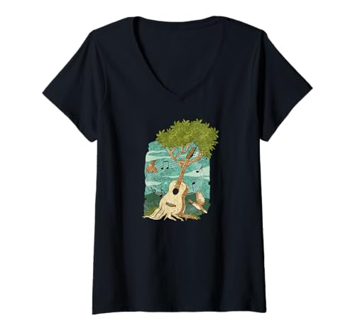 Damen Musik Melodie Natur Gitarrist Baum Akustische Gitarre T-Shirt mit V-Ausschnitt Damen Musik Melodie Natur Gitarrist Baum Akustische Gitarre T-Shirt mit V-Ausschnitt von Musik Gitarren Motive für Gitarristen