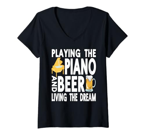 Damen Klavier und Bier Spielen Traumhaft Lustig Leben T-Shirt mit V-Ausschnitt von Musik Kneipenstil Für Genießer