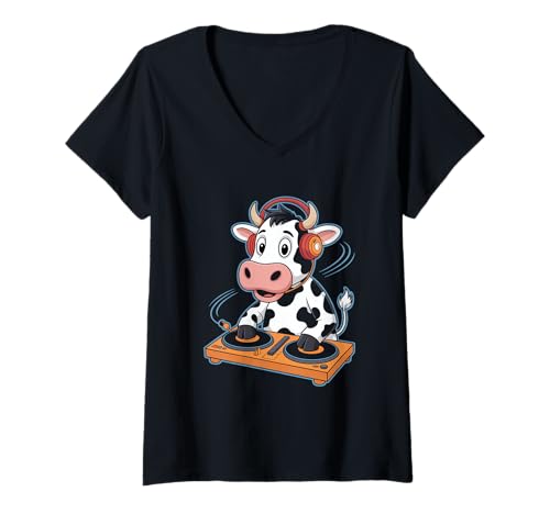 Damen Kuh Dj Party Musik Unterhaltung Sound Spaß T-Shirt mit V-Ausschnitt Damen Kuh Dj Party Musik Unterhaltung Sound Spaß T-Shirt mit V-Ausschnitt von Musik Kuh Dj Party Unterhaltung Sound