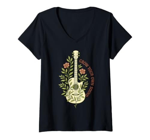 Damen Grow Your Own Sound Gitarre Blume Natur T-Shirt mit V-Ausschnitt Damen Grow Your Own Sound Gitarre Blume Natur T-Shirt mit V-Ausschnitt von Musik Natur Akustik Gitarre Blume Blätter