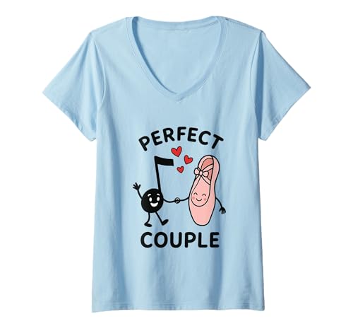 Damen Perfect Couple Musiknote Ballettschuh T-Shirt mit V-Ausschnitt Damen Perfect Couple Musiknote Ballettschuh T-Shirt mit V-Ausschnitt von Musik Tanz Liebhaber Humor Paar Motiv