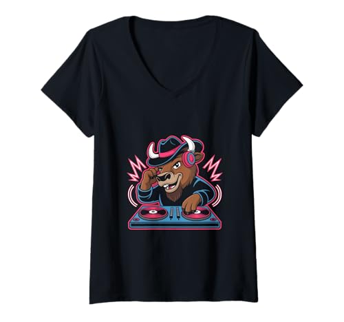 Damen Dj Tier Mit Kopfhörer Am Mischpult Lustig T-Shirt mit V-Ausschnitt Damen Dj Tier Mit Kopfhörer Am Mischpult Lustig T-Shirt mit V-Ausschnitt von Musik Tier Party Dj Tier Musik Tier Feier