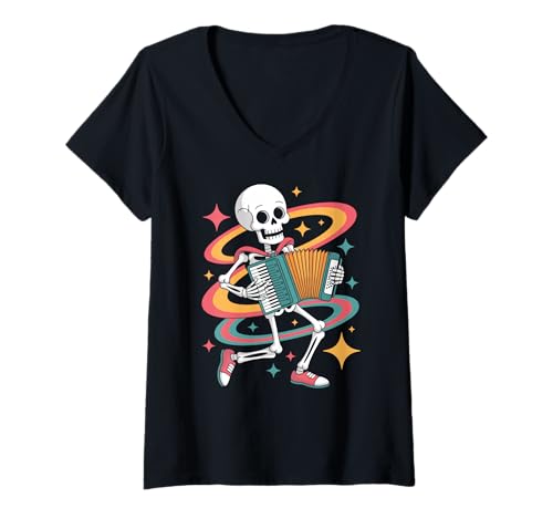 Damen Groovy Psychedelic Skelett Akkordeon Funky Vibes Halloween T-Shirt mit V-Ausschnitt Damen Groovy Psychedelic Skelett Akkordeon Funky Vibes Halloween T-Shirt mit V-Ausschnitt von Musikalisch Lustiges Skelett Akkordeon Tanzen