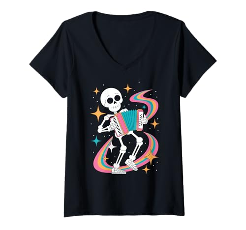 Damen Groovy Psychedelic Skelett Akkordeon Funky Vibes Halloween T-Shirt mit V-Ausschnitt Damen Groovy Psychedelic Skelett Akkordeon Funky Vibes Halloween T-Shirt mit V-Ausschnitt von Musikalisch Lustiges Skelett Akkordeon Tanzen