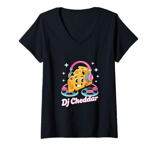Damen Dj Cheddar Mit Kopfhörern Und Plattentellern T-Shirt mit V-Ausschnitt Damen Dj Cheddar Mit Kopfhörern Und Plattentellern T-Shirt mit V-Ausschnitt von Musikenthusiasten Dj Kreativ Spass