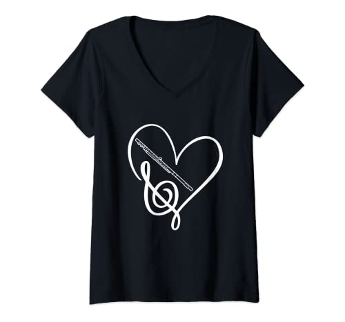 Damen Love Notenschlüssel Querflöte T-Shirt mit V-Ausschnitt Damen Love Notenschlüssel Querflöte T-Shirt mit V-Ausschnitt von Musiker Holzblasinstrument Flöte Spieler Lehrer