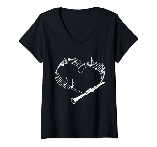 Damen Herz Noten Musik Klarinette T-Shirt mit V-Ausschnitt von Musiker Holzblasinstrument Klarinette