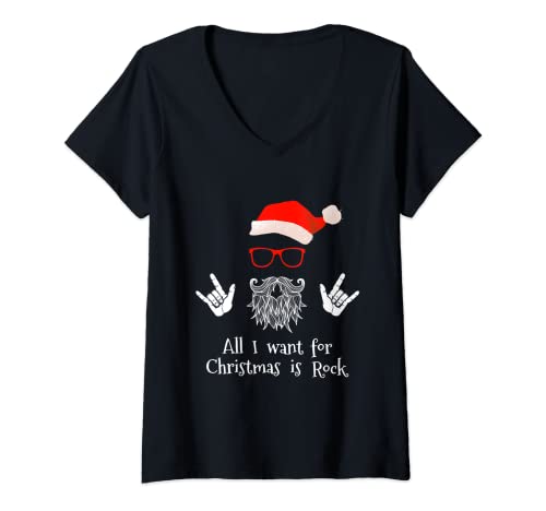 Damen All I want for Christmas is Rock Weihnachts Outfit T-Shirt mit V-Ausschnitt von Musiker Rocker Weihnachts Design Christmas Xmas