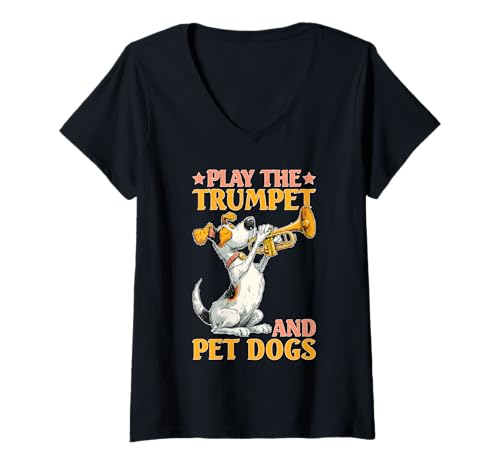 Damen Play The Trumpet and Pet Dogs Messingmarschband T-Shirt mit V-Ausschnitt von Musikinstrument Freude