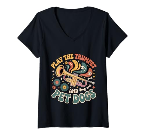 Damen Play The Trumpet and Pet Dogs Messingmarschband - T-Shirt mit V-Ausschnitt von Musikinstrument Freude