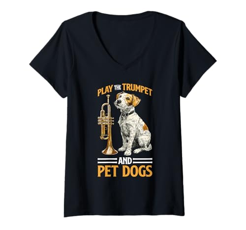 Damen Play The Trumpet and Pet Dogs Messingmarschband - T-Shirt mit V-Ausschnitt Damen Play The Trumpet and Pet Dogs Messingmarschband - T-Shirt mit V-Ausschnitt von Musikinstrument Freude