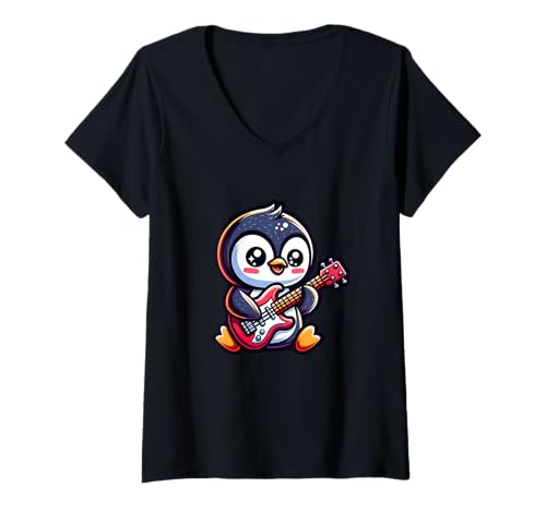 Damen Süßer Pinguin Mit Gitarre Motiv T-Shirt mit V-Ausschnitt Damen Süßer Pinguin Mit Gitarre Motiv T-Shirt mit V-Ausschnitt von Musikliebender Pinguin Rockt Gitarre