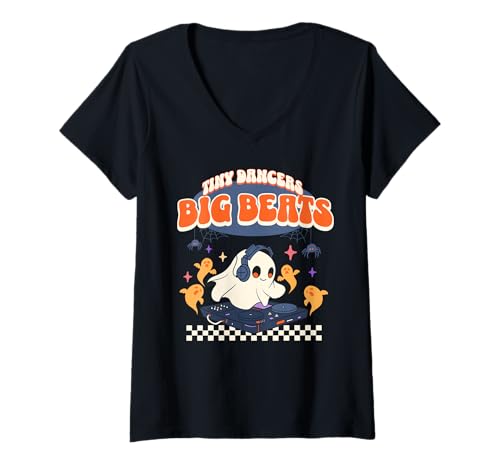 Damen Kleine Tänzer Große Beats Süßer DJ-Geist Halloween T-Shirt mit V-Ausschnitt Damen Kleine Tänzer Große Beats Süßer DJ-Geist Halloween T-Shirt mit V-Ausschnitt von Musikliebhaber und Spukliebende Feierfans