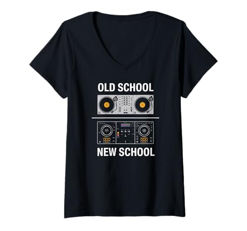 Damen Retro DJ Aufbau vs EDM Mischpult Entwicklung Humor Sound T-Shirt mit V-Ausschnitt Damen Retro DJ Aufbau vs EDM Mischpult Entwicklung Humor Sound T-Shirt mit V-Ausschnitt von Musikmixer Kultur und Deck Evolution Fans