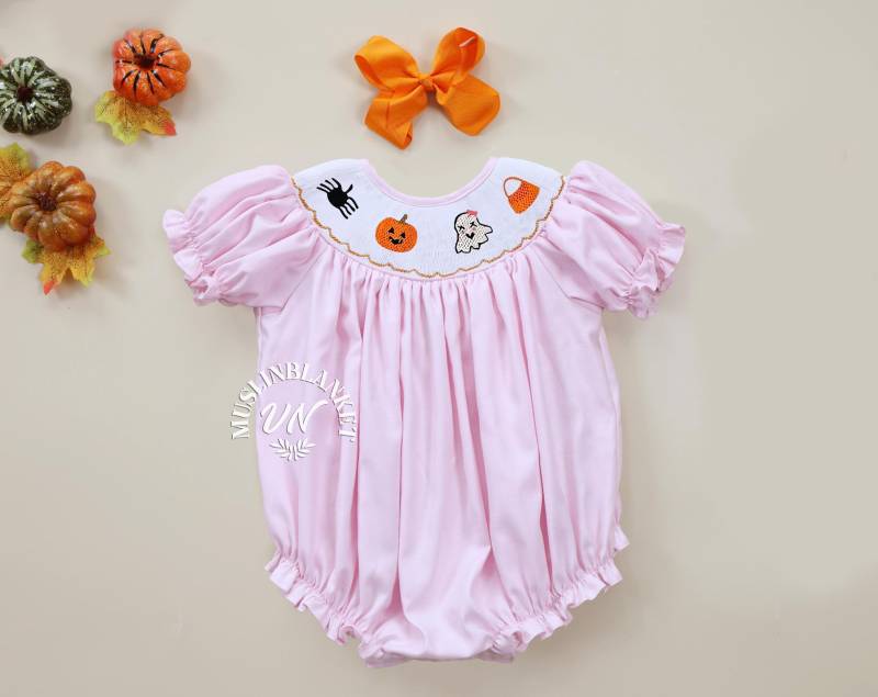 Pink Halloween Smocked Bubble + Orange Stirnband Spinne Candy Corn, Geist, Kürbis Strampler Stil, Süßes Oder Saures, Herbst Outfit Geschwister von MuslinblanketVN