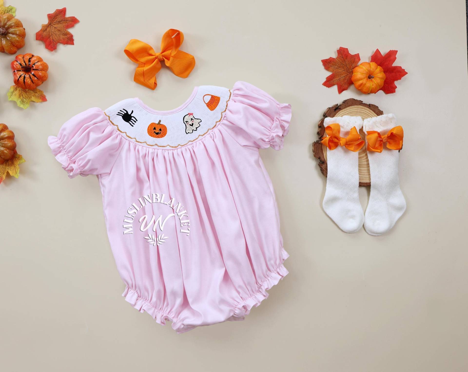 Pink Halloween Smocked Bubble + Orange Stirnband Spinne Candy Corn, Geist, Kürbis Strampler Stil, Süßes Oder Saures, Herbst Outfit Geschwister von MuslinblanketVN