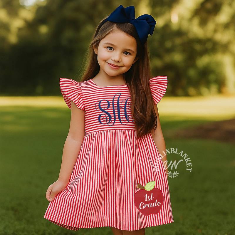 Zurück Zu Schul Outfit, Mädchen Schulkleid, Monogramm Apfel Seersucker Flattern Ärmel Kleid, Kleinkind von MuslinblanketVN
