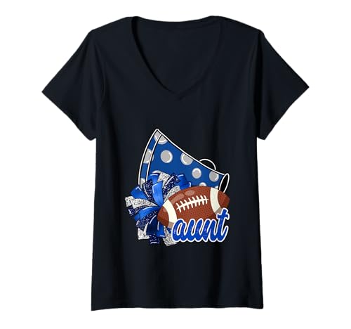 Damen Cheer Aunt Shirt Megaphon Pom Pom Fußball Blau T-Shirt mit V-Ausschnitt Damen Cheer Aunt Shirt Megaphon Pom Pom Fußball Blau T-Shirt mit V-Ausschnitt von Must Have Cheerleader Shirts - Blue School Colors